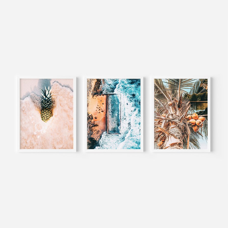 Zestaw obrazy w ramie, plakaty - ananas, plaża, kokosy - rama biała