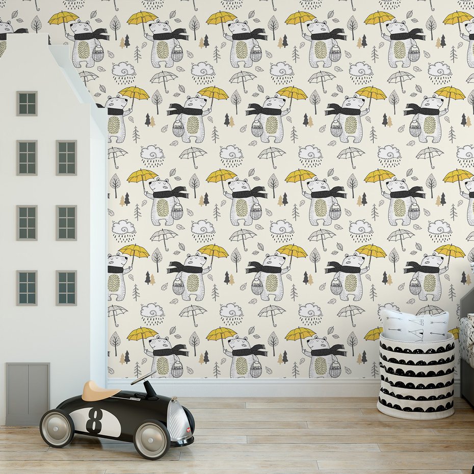 Tapeta - dziecięca, niedźwiedź, parasol, drzewo