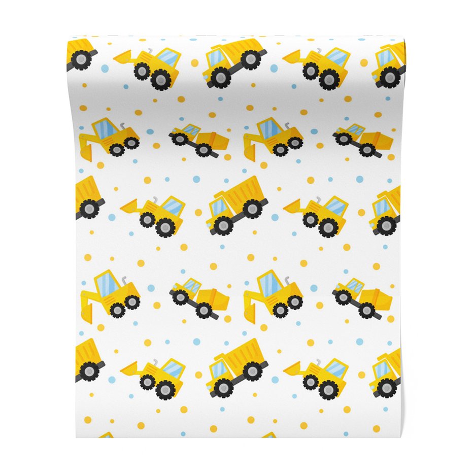 Tapeta - dziecięca, koparka, ciężarówka, kropki