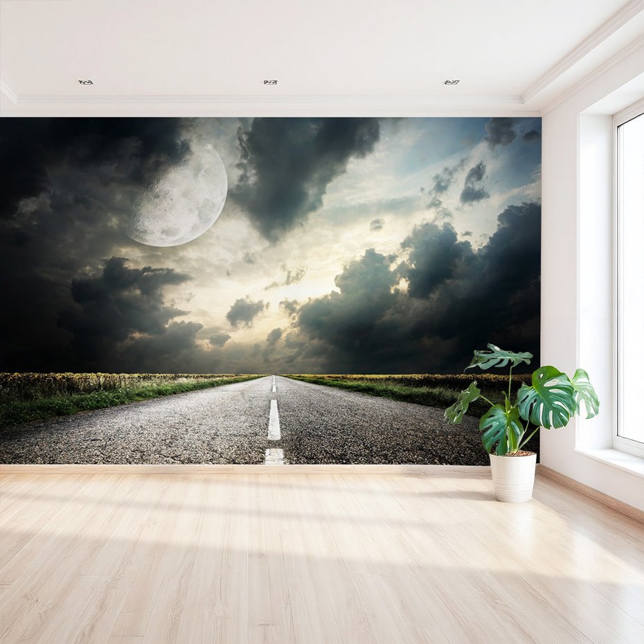 Fototapeta - droga, księżyc, chmury