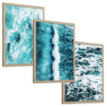 Zestaw obrazy w ramie, plakaty - woda, fale, turkusowy - rama drewno