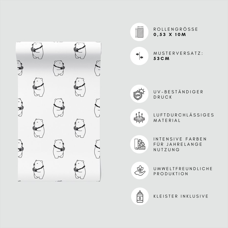 Tapeta - dziecięca, niedźwiedź, aparat, wzór