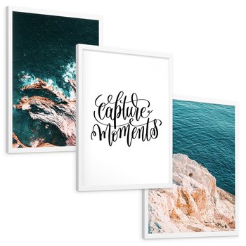 Zestaw obrazy w ramie, plakaty - morze, skały, ocean - rama biała