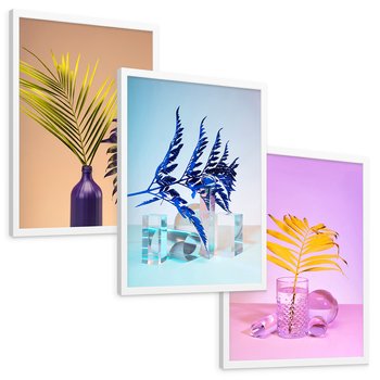 Zestaw obrazy w ramie, plakaty - liście, rośliny, minimalizm - rama biała