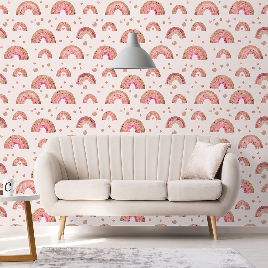 Tapeta - dziecięca, tęcza, kropki, serca