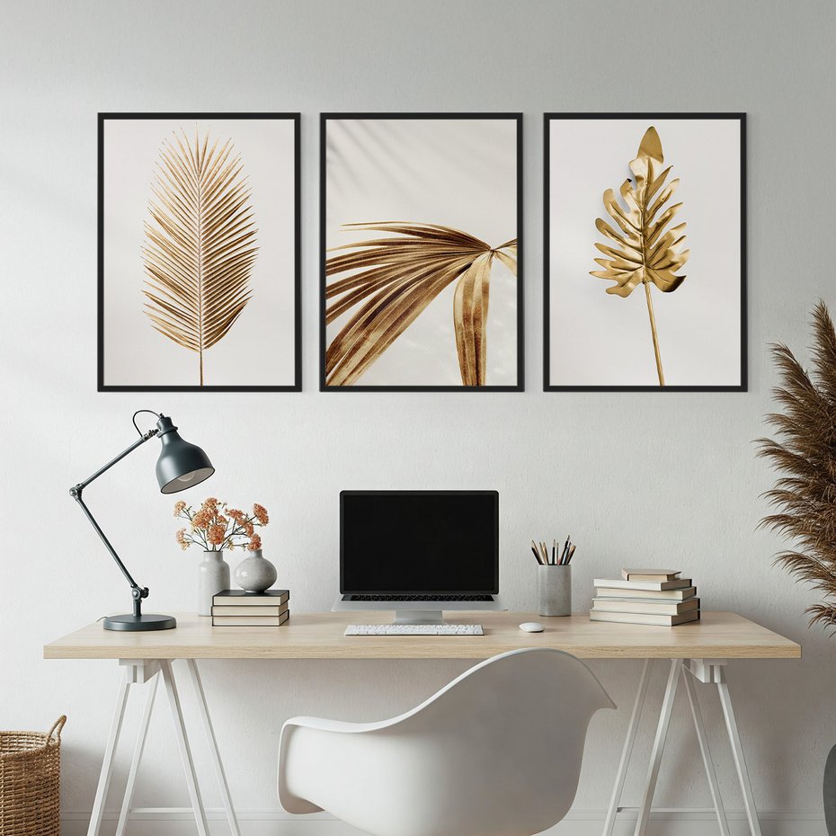 Zestaw obrazy w ramie, plakaty - liście, złoty, dekoracja - rama czarna