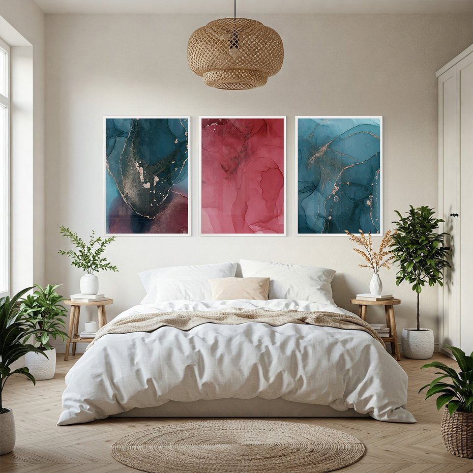 Zestaw obrazy w ramie, plakaty - abstrakcja,akwarele,marmur - rama biała