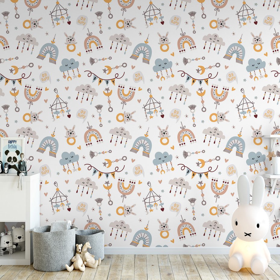 Tapeta - dziecięca, królik, chmura, tęcza