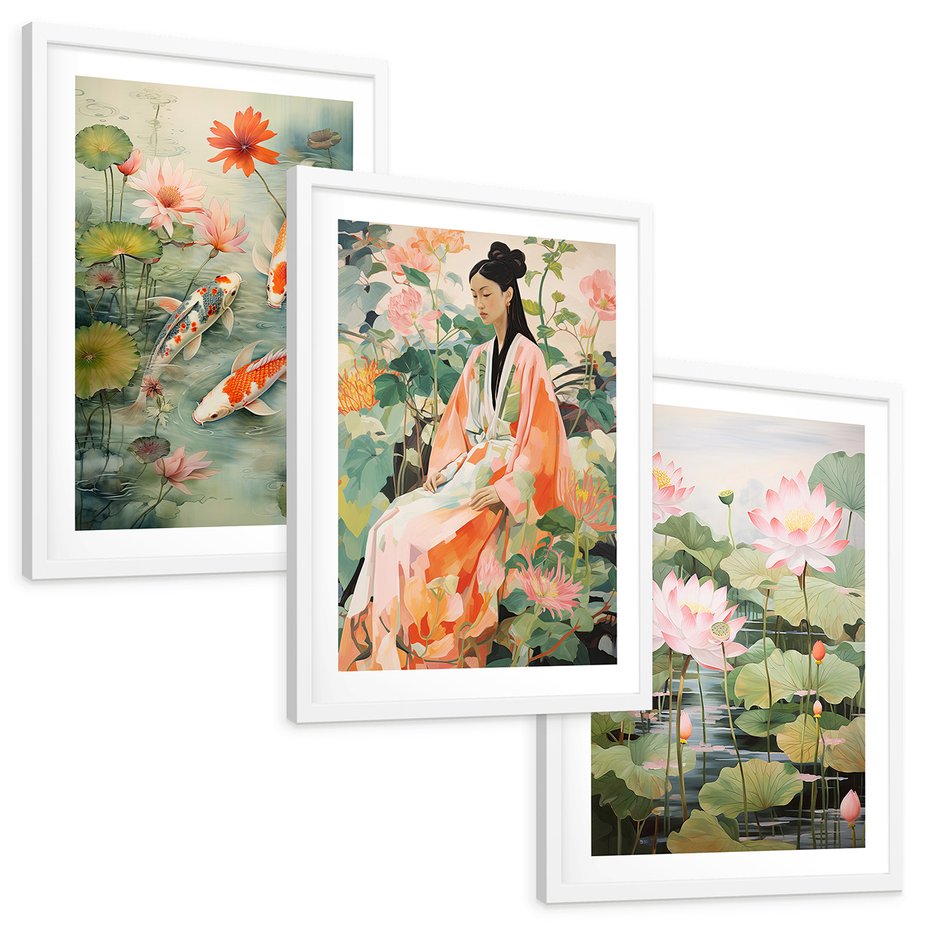 Zestaw obrazy w ramie, plakaty - kwiaty lotosu, ryby koi, azjatycka kobieta - rama biała