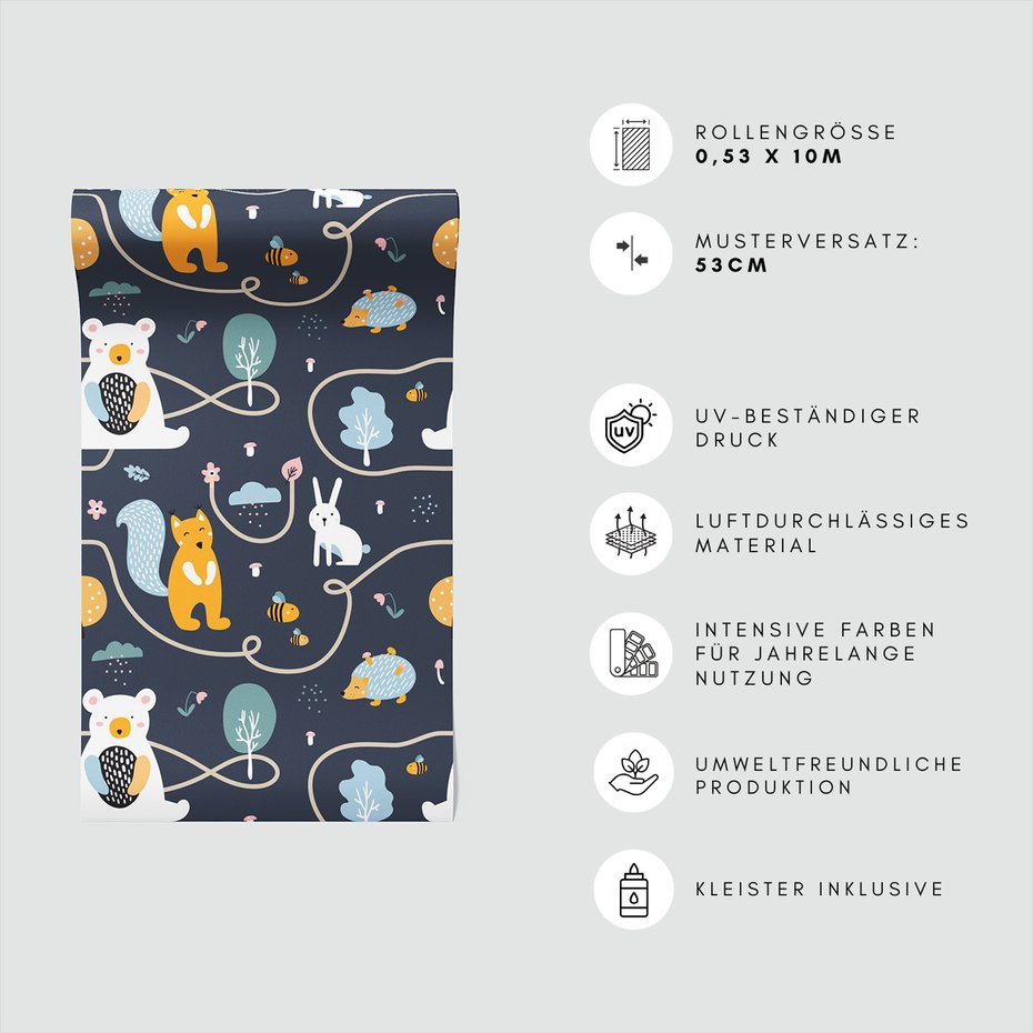 Tapeta - dziecięca, zwierzęta, las, wzór