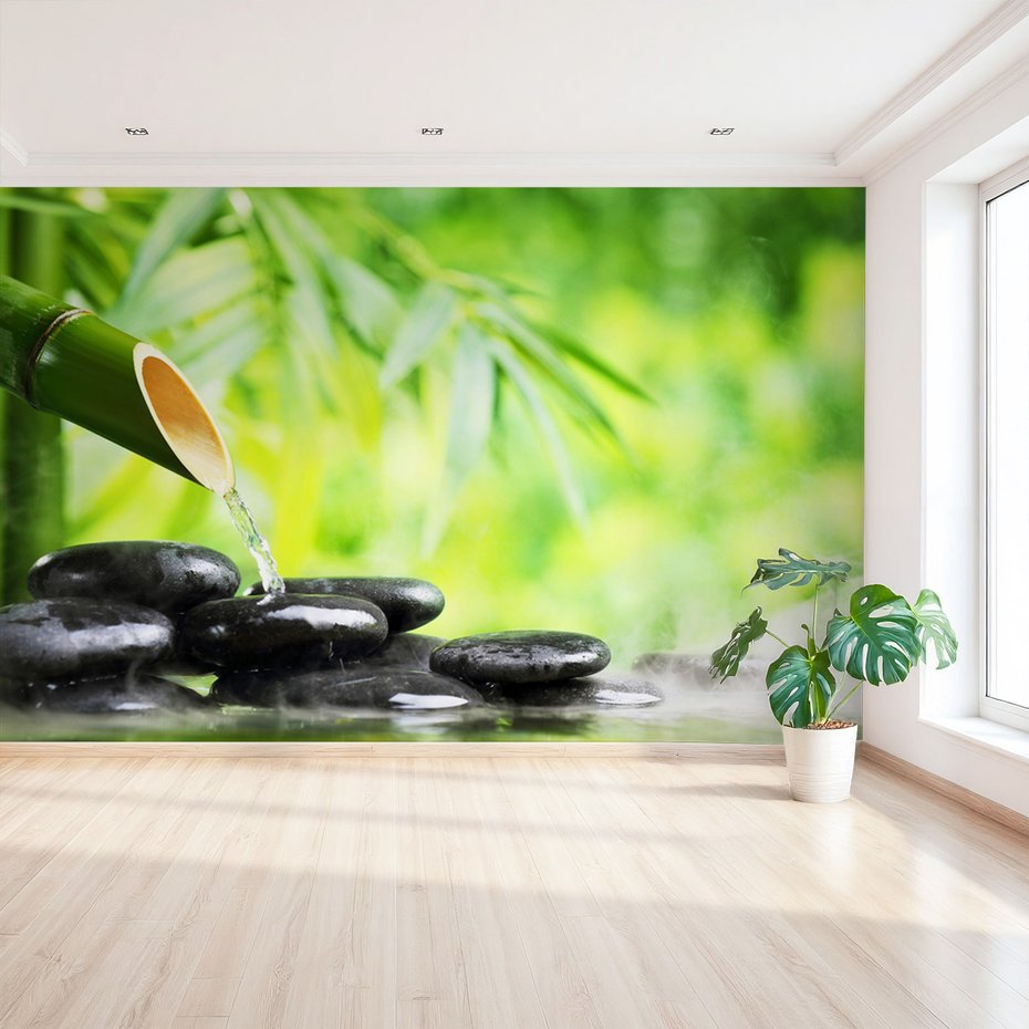 Fototapeta - bambus, kamienie, woda