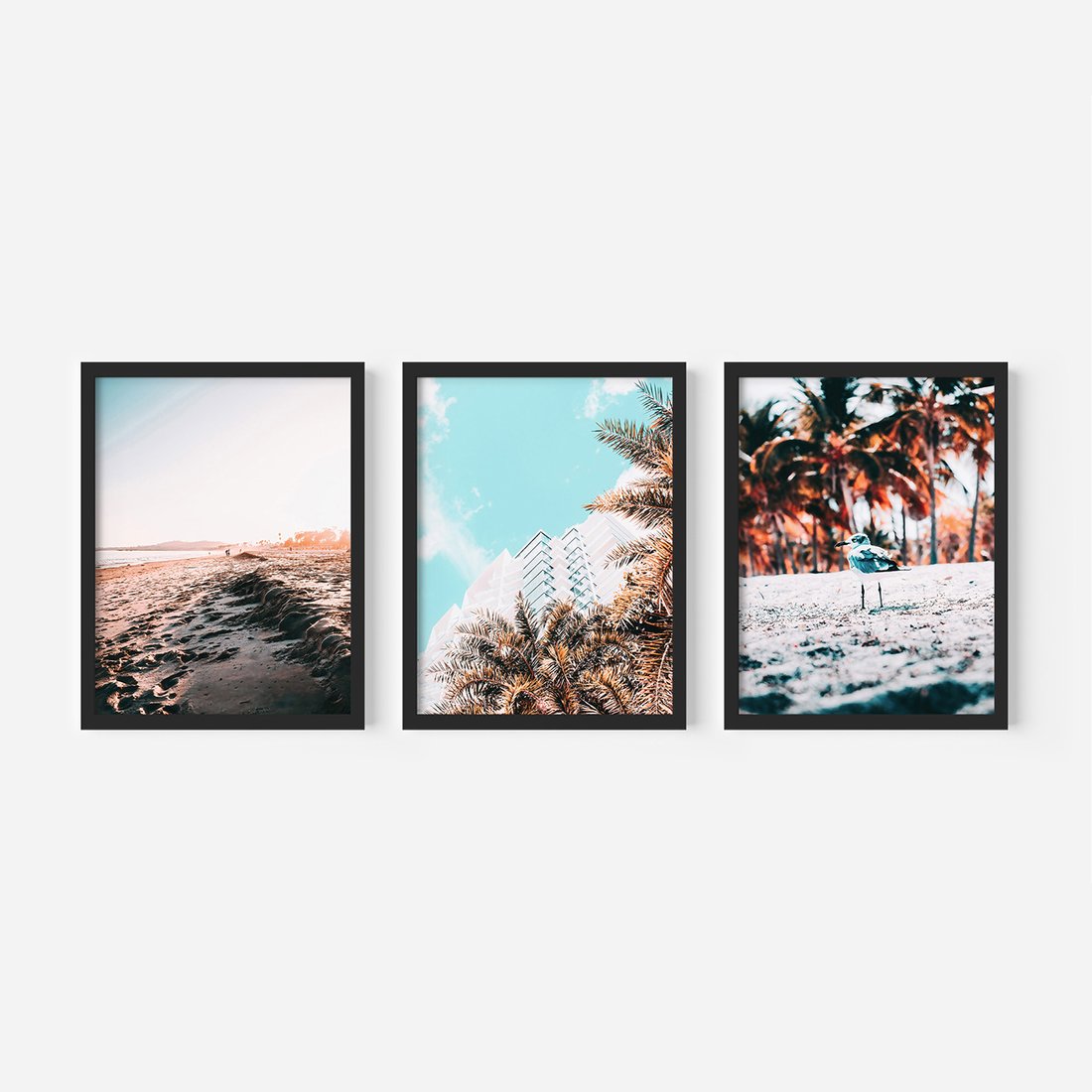Zestaw obrazy w ramie, plakaty - plaża, palmy, budynek - rama czarna