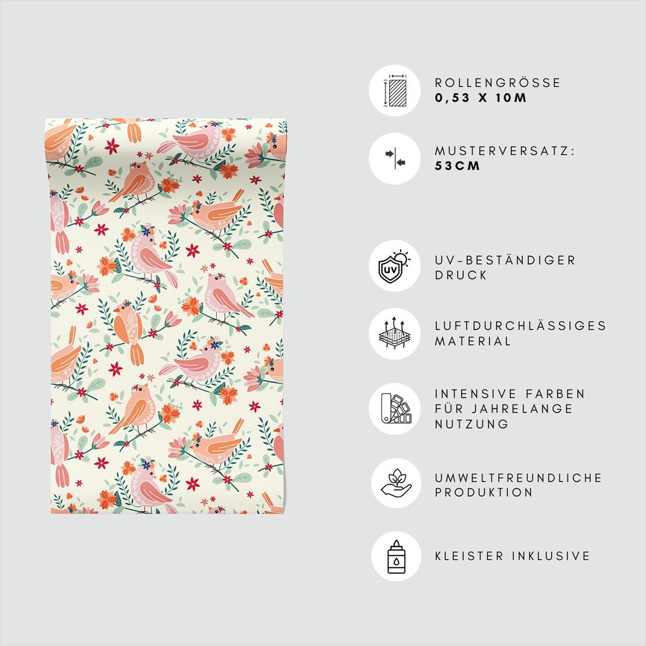 Tapeta - kwiaty, ptaki, gałęzie