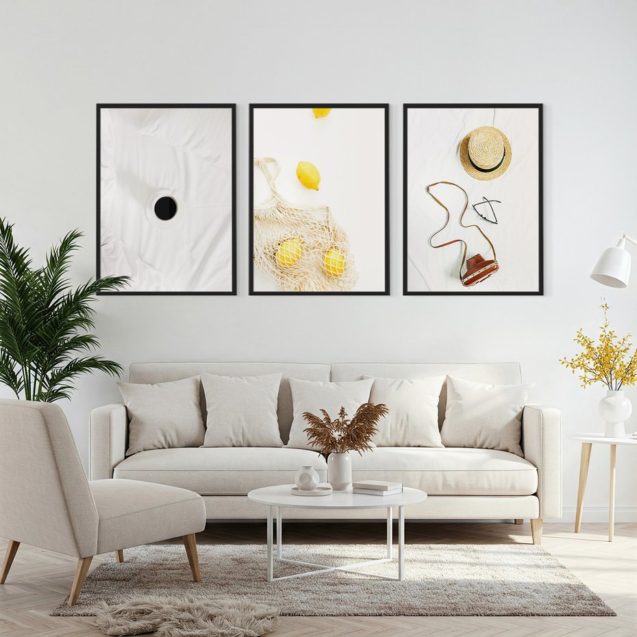 Zestaw obrazy w ramie, plakaty - śniadanie, cytryny, minimalizm - rama czarna