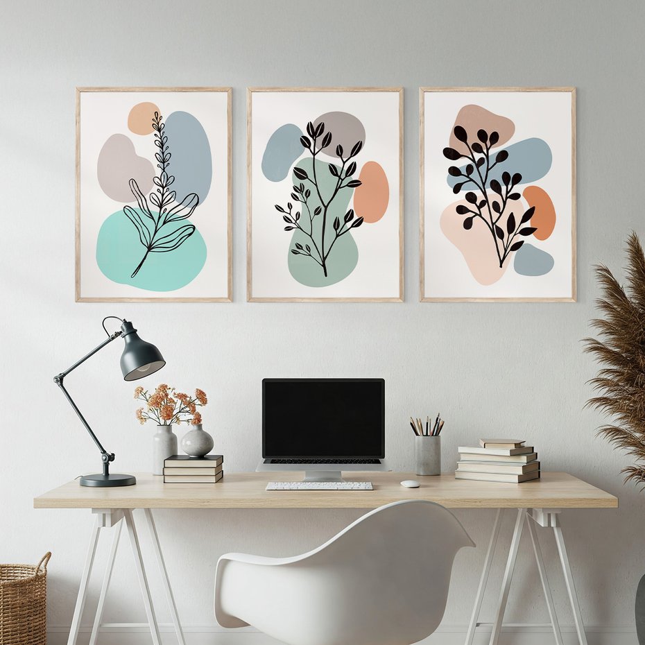 Zestaw obrazy w ramie, plakaty - liście, gałązki, abstrakcja - rama drewno