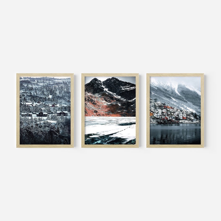 Zestaw obrazy w ramie, plakaty - śnieg, góry, zima - rama drewno