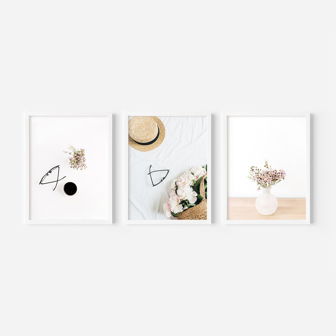 Zestaw obrazy w ramie, plakaty - kwiaty, okulary, kompozycja - rama biała