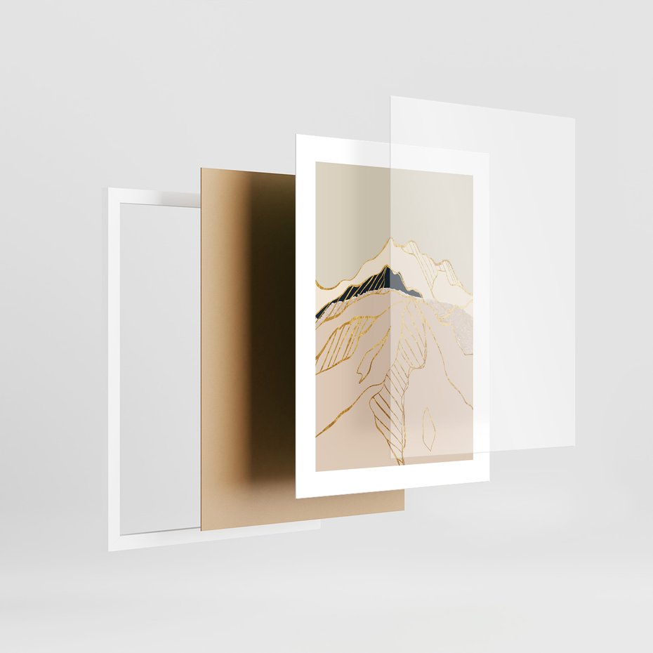 Zestaw obrazy w ramie, plakaty - góry, abstrakcja, złoto - rama biała
