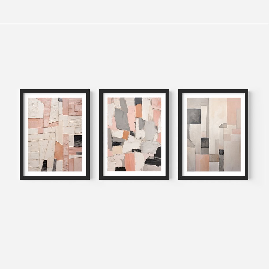 Zestaw obrazy w ramie, plakaty - abstrakcja, pastelowe, geometryczne - rama czarna