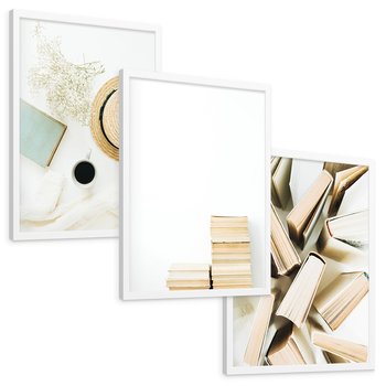 Zestaw obrazy w ramie, plakaty - książki, kapelusz, kwiaty - rama biała