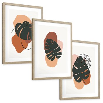 Zestaw obrazy w ramie, plakaty - liście, monstera, abstrakcja - rama drewno