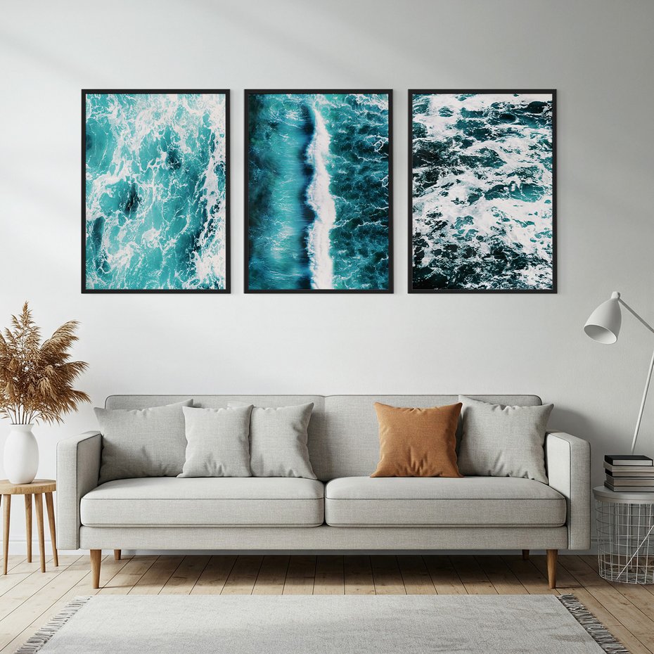 Zestaw obrazy w ramie, plakaty - woda, fale, turkusowy - rama czarna