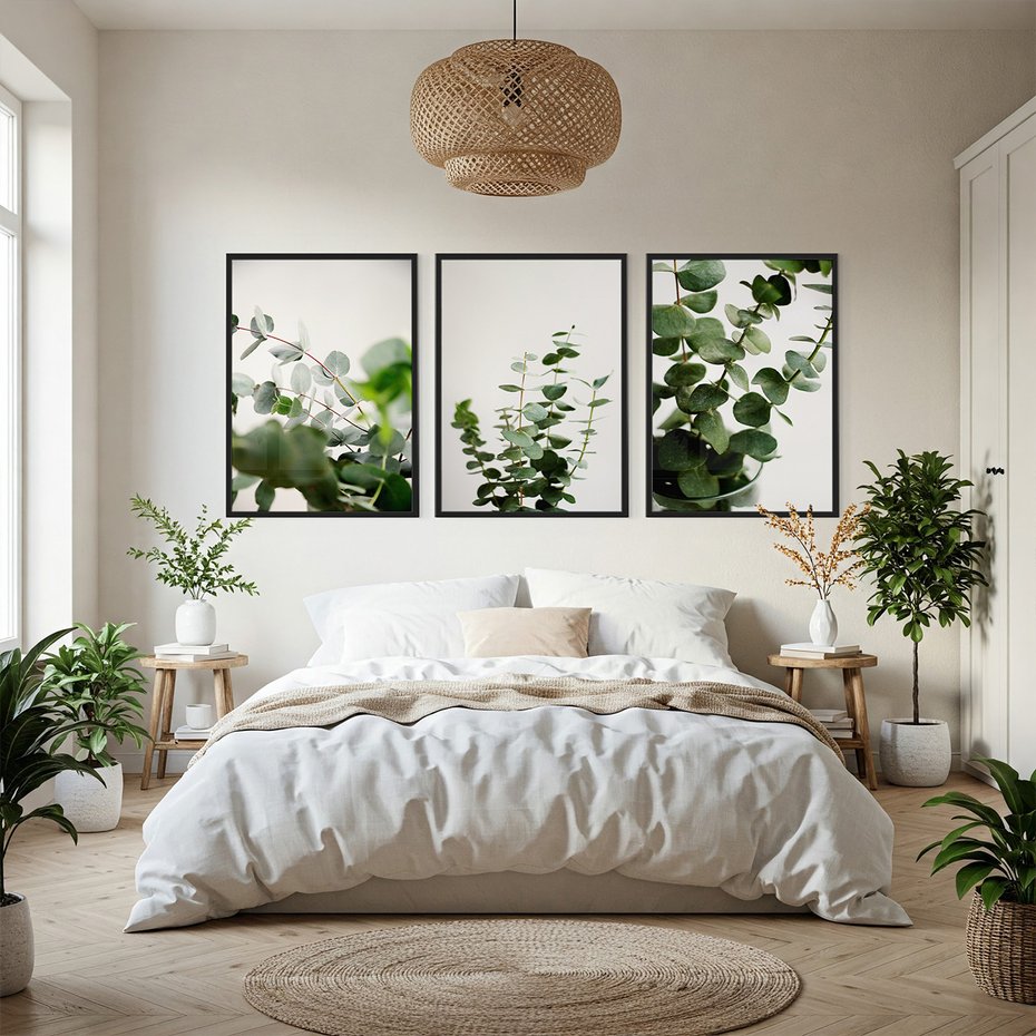 Zestaw obrazy w ramie, plakaty - eukaliptus, liście, roślina - rama czarna