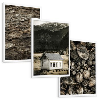 Zestaw obrazy w ramie, plakaty - dom, natura, drewno - rama biała