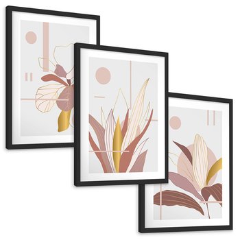 Zestaw obrazy w ramie, plakaty - liście, złoto, abstrakcja - rama czarna