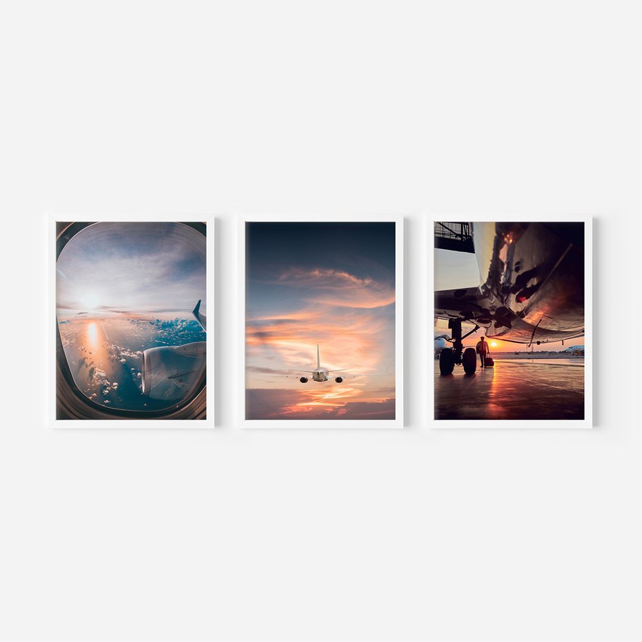 Zestaw obrazy w ramie, plakaty - samolot, niebo, podróż - rama biała