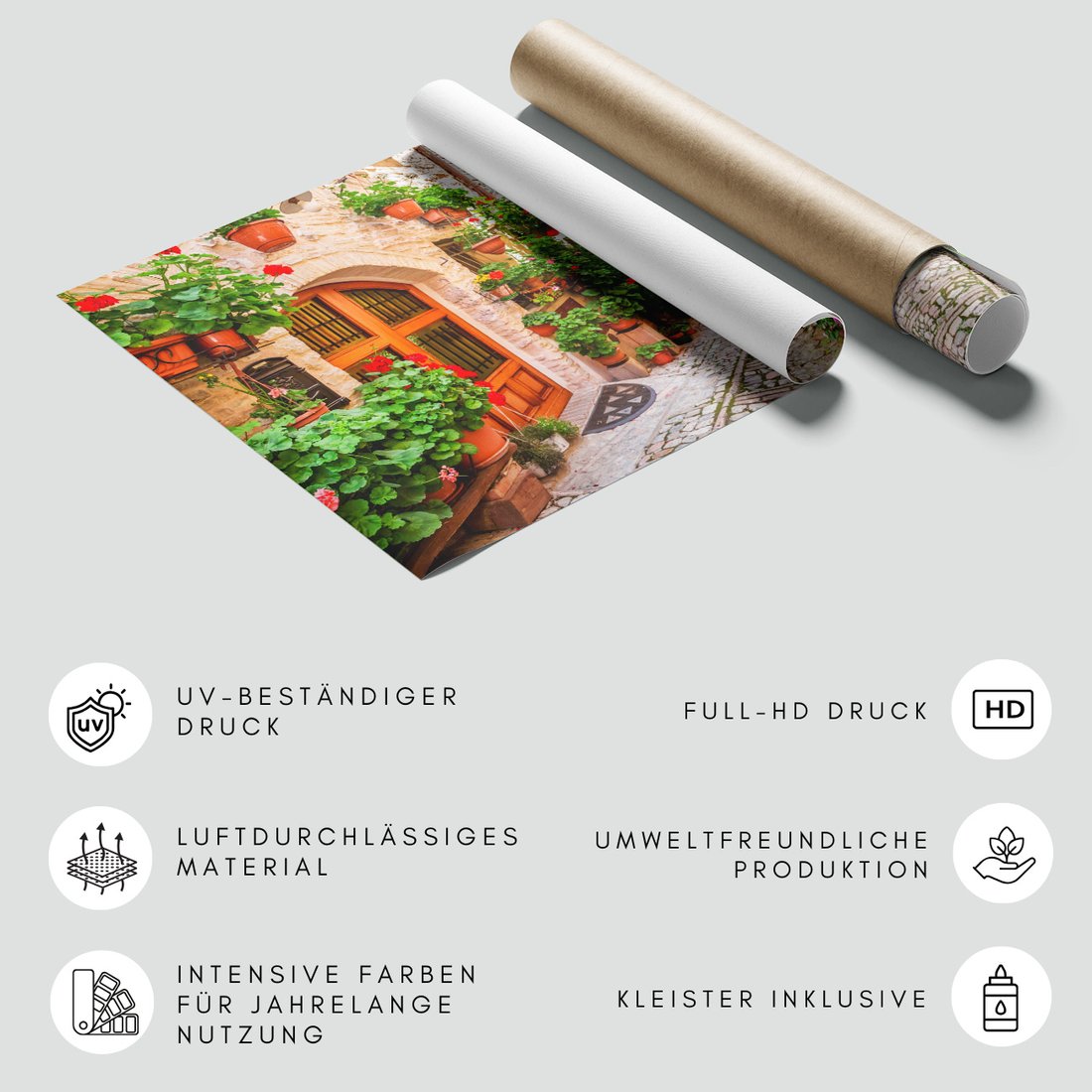 Fototapeta - uliczka, kwiaty, doniczki