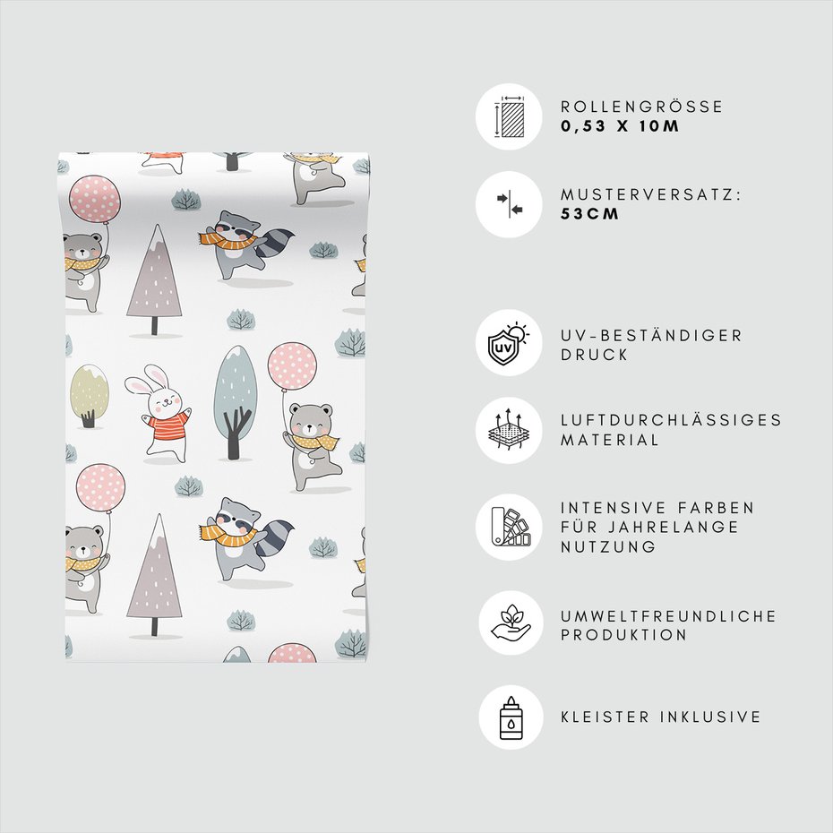 Tapeta - dziecięca, zwierzęta, drzewa, szaliki