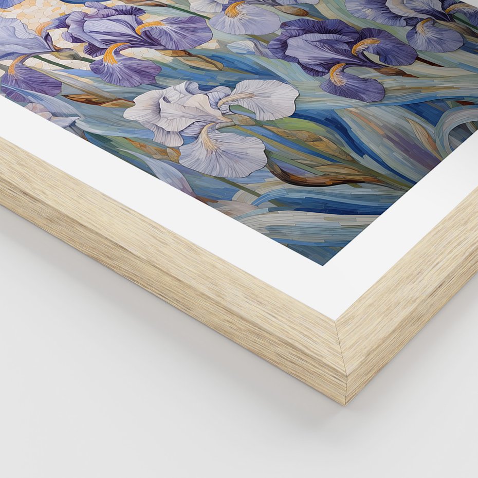 Zestaw obrazy w ramie, plakaty - kwiaty, irysy, rośliny - rama drewno