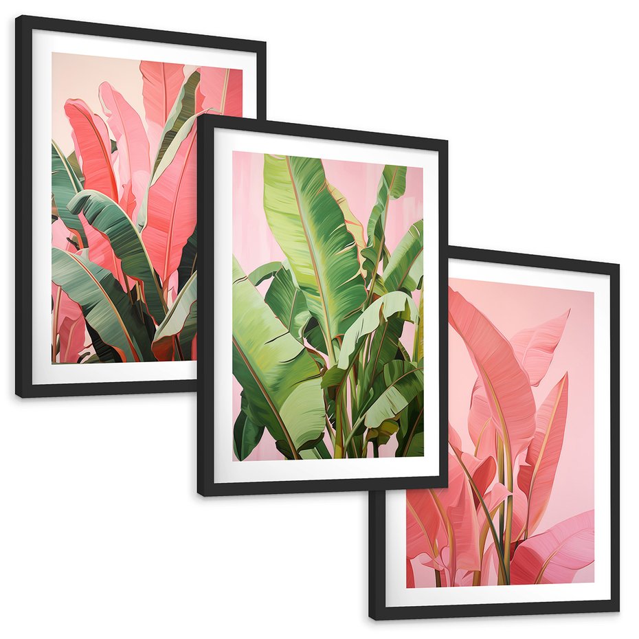 Zestaw obrazy w ramie, plakaty - liście, pastelowy, tropikalny - rama czarna