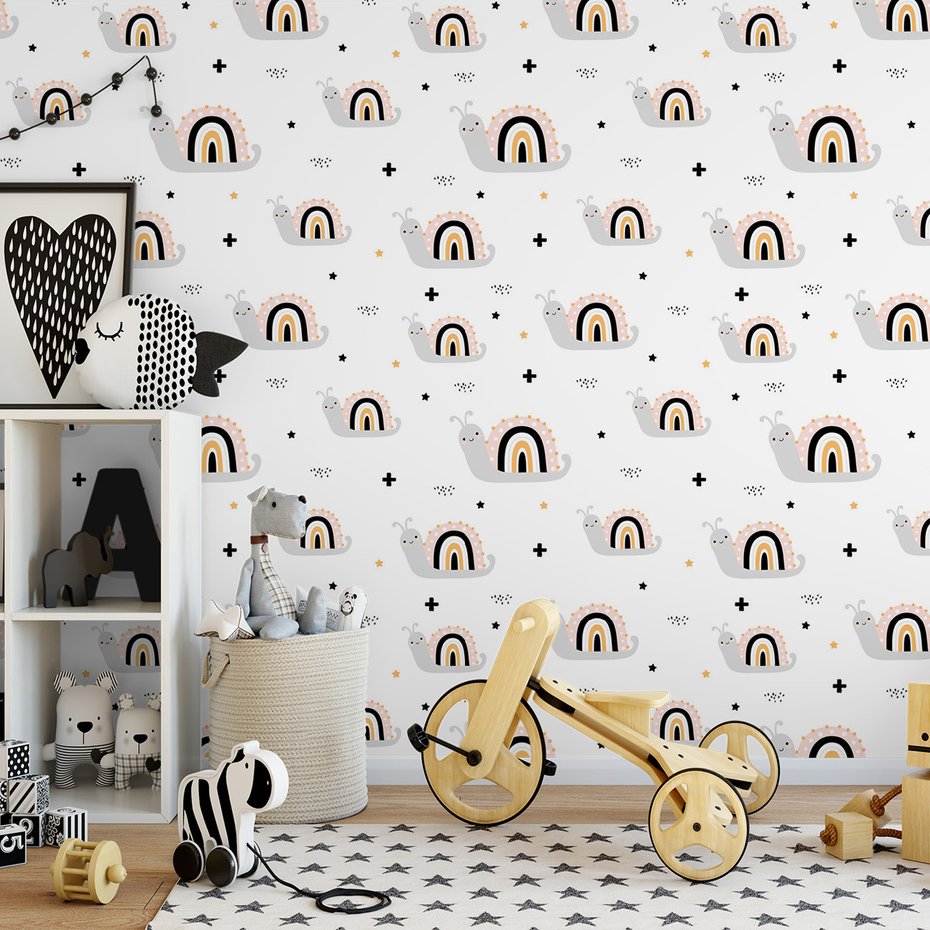 Tapeta - dziecięca, ślimaki, tęcza, gwiazdy