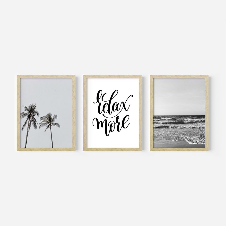 Zestaw obrazy w ramie, plakaty - palmy, morze, relax - rama drewno