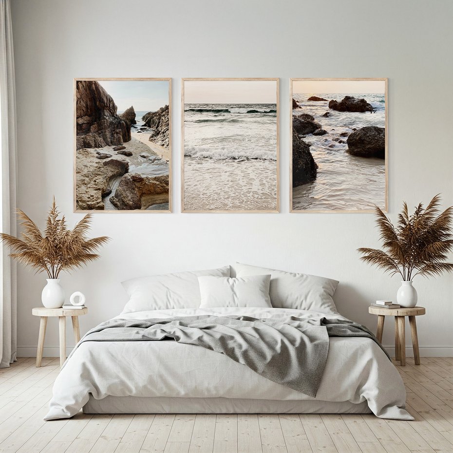 Zestaw obrazy w ramie, plakaty - plaża, morze, skały - rama drewno
