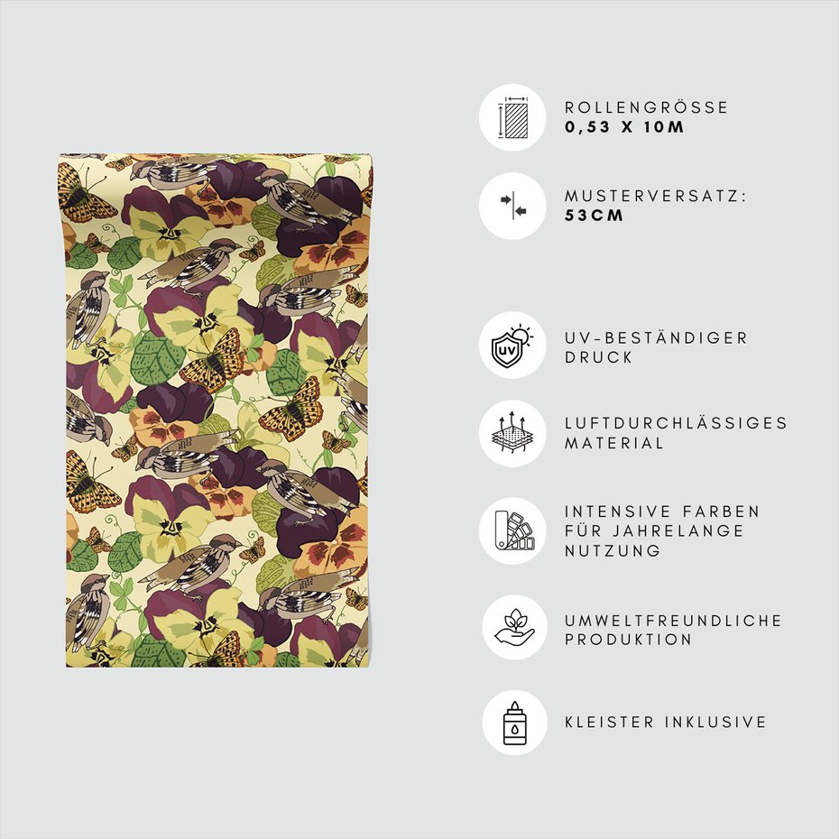 Tapeta - kwiaty, ptaki, motyle