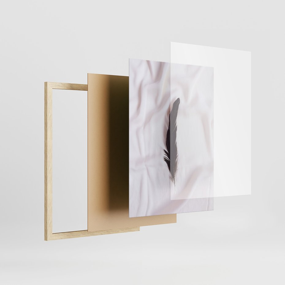 Zestaw obrazy w ramie, plakaty - pióro, minimalizm, tło - rama drewno