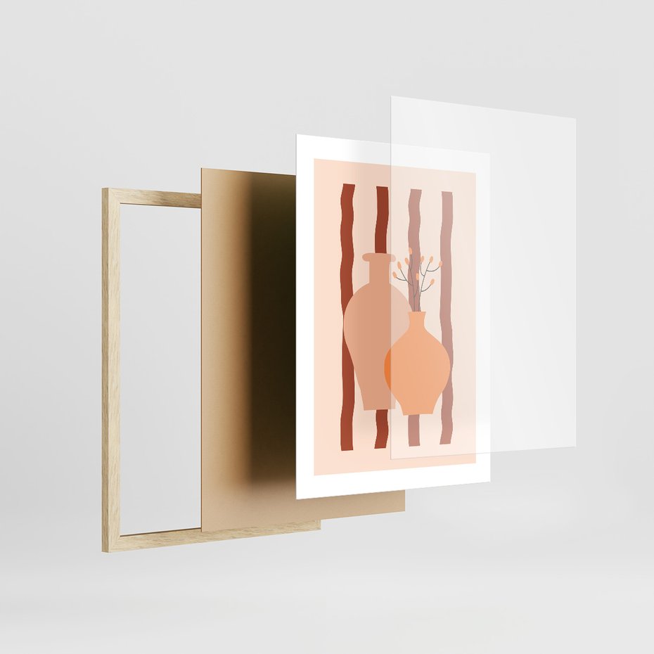 Zestaw obrazy w ramie, plakaty - abstrakcja, boho, minimalizm - rama drewno