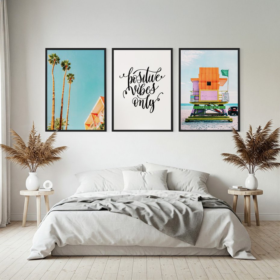 Zestaw obrazy w ramie, plakaty - palmy, plaża, tropikalny - rama czarna