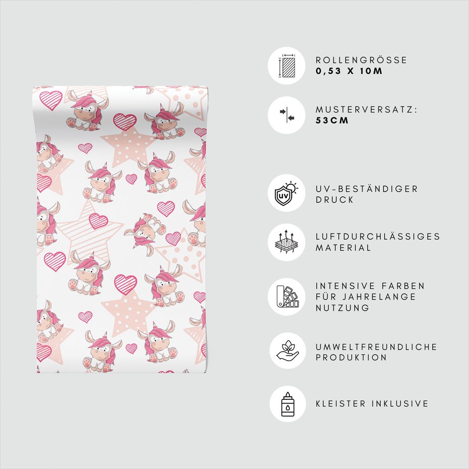 Tapeta - dziecięca, jednorożec, gwiazdy, serca