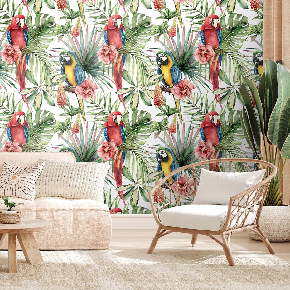 Tapeta - papugi, kwiaty, liście