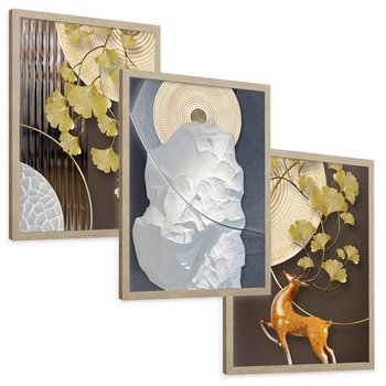 Zestaw obrazy w ramie, plakaty - złoty, liście, abstrakcja - rama drewno