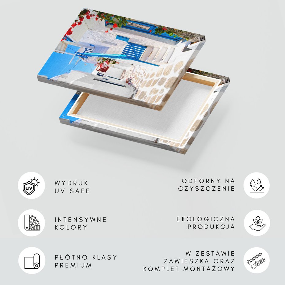 Obraz na płótnie - uliczka, kwiaty, biel