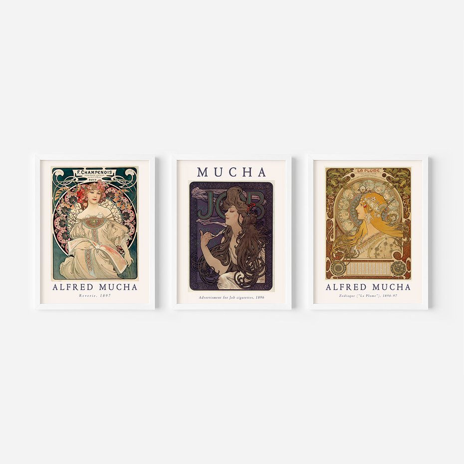 Zestaw obrazy w ramie, plakaty - Mucha, secesja, artystyczne - rama biała