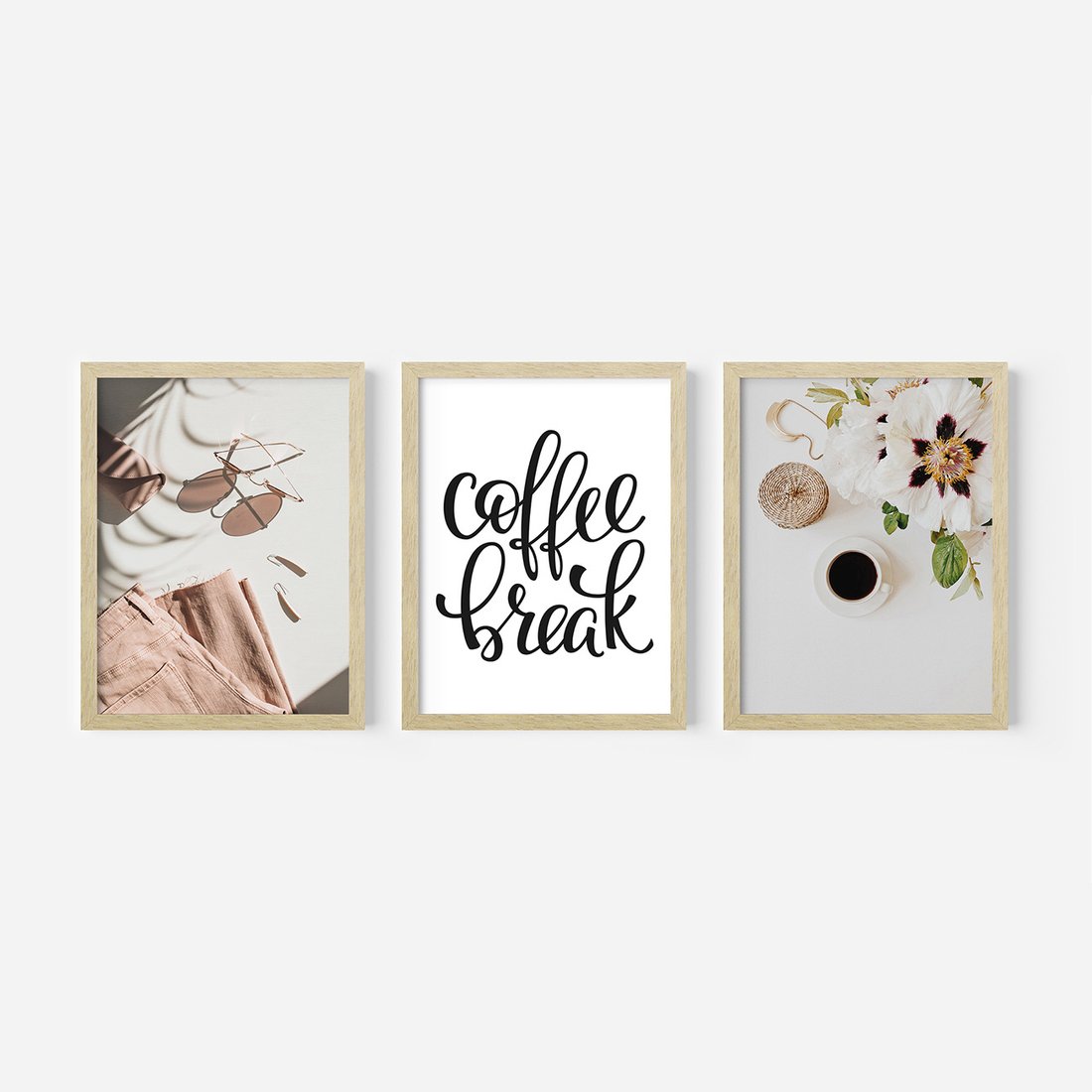 Zestaw obrazy w ramie, plakaty - kwiaty, kawa, akcesoria - rama drewno