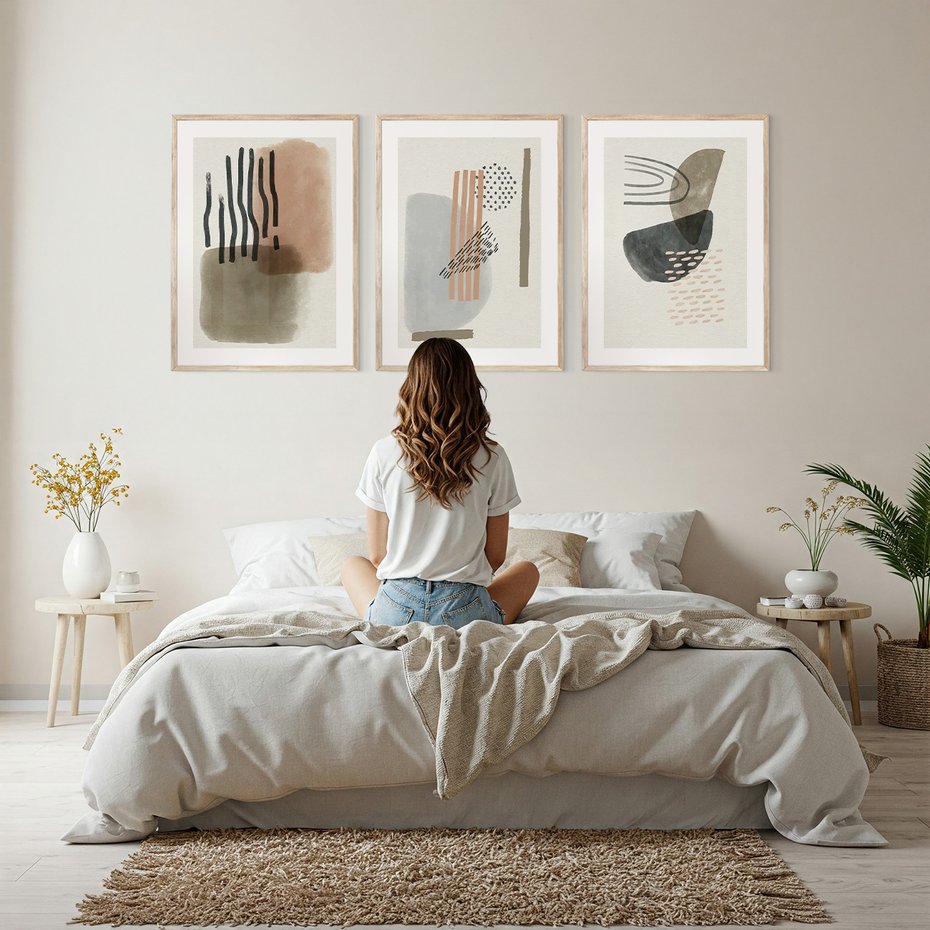 Zestaw obrazy w ramie, plakaty - abstrakcja, geometria, kształty - rama drewno