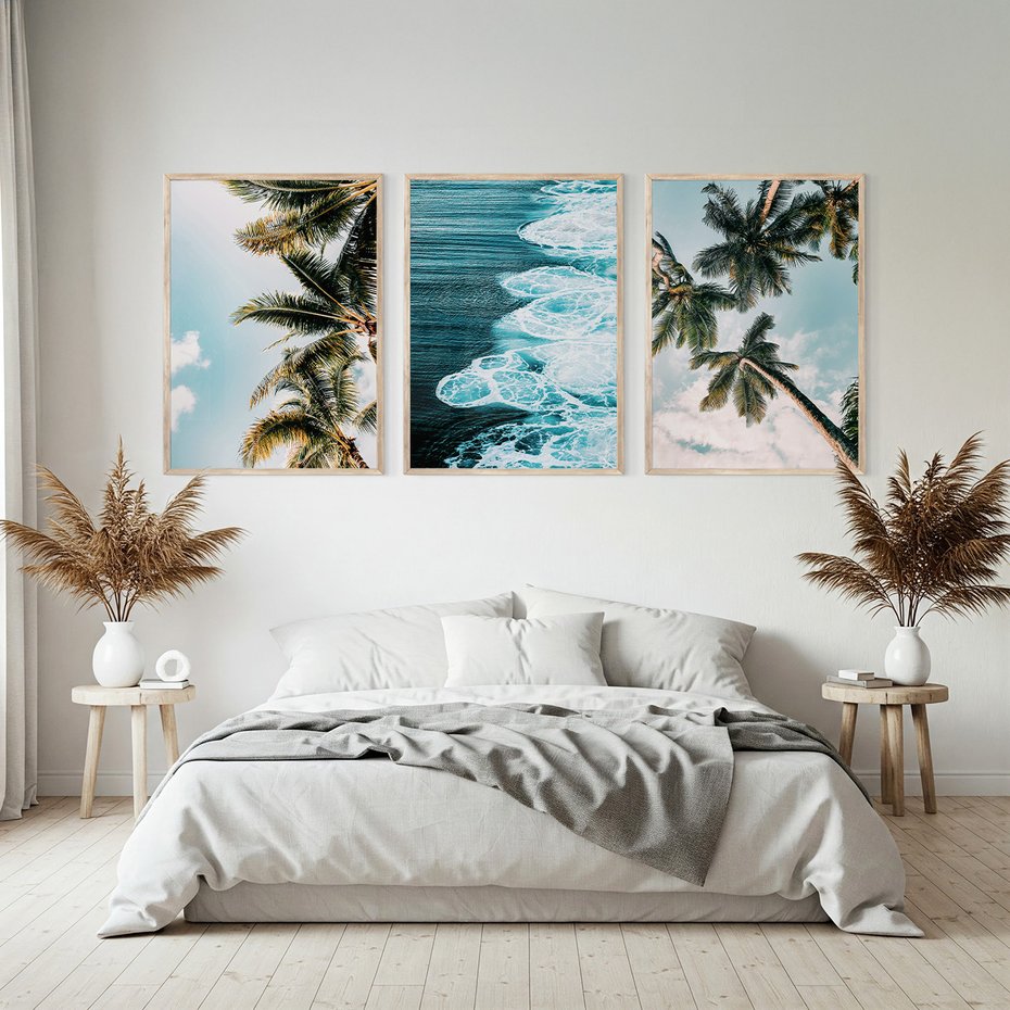 Zestaw obrazy w ramie, plakaty - palmy, morze, woda - rama drewno