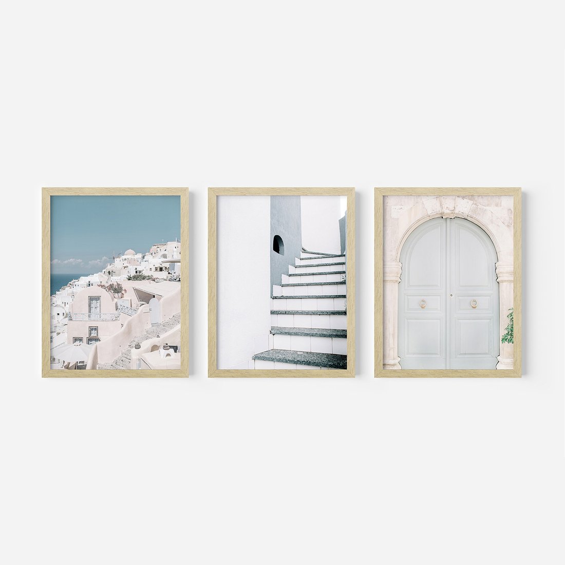 Zestaw obrazy w ramie, plakaty - architektura, pastelowe, śródziemnomorskie - rama drewno